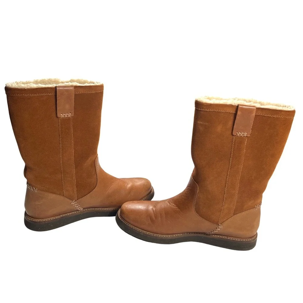 Clarks Glick Elmfield Tan Leather Suede Shearling Lined Mid Calf Boots 8M GUC